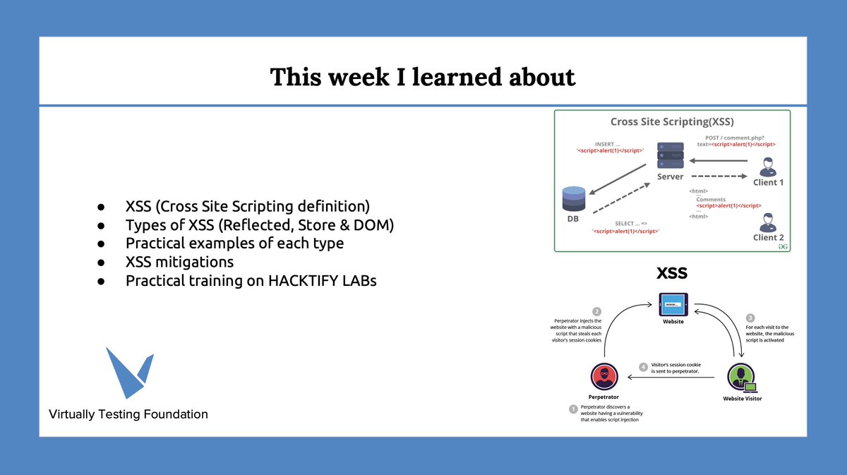 KottoPatient's tweet photo. @VTFoundation testing foundation has given me a great opportunity as a Penetration Tester Intern. This week I learned about XSS (Cross Site Scripting), it's mitigations and hands on practical Labs.

#VTfoundation  #VTFOct21  #internships https://t.co/7PJ298NRym