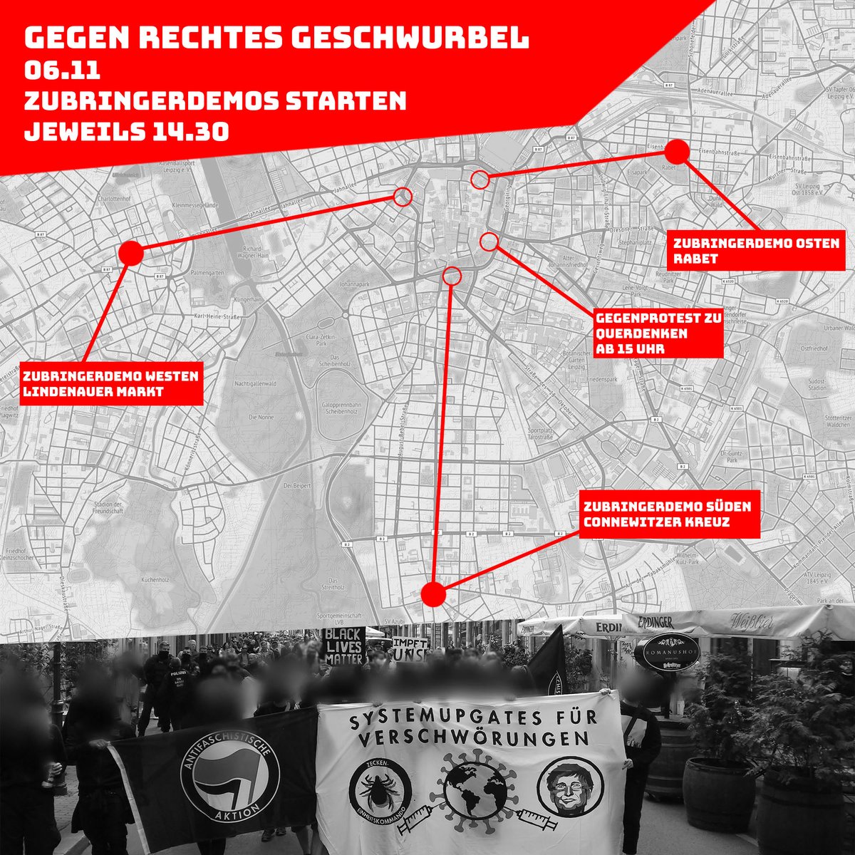 aktionantifale's tweet image. Am 06.11. will die rechtsextreme Bürgerbewegung Leipzig eine bundesweite Großdemo abhalten. 

Zubringerdemos 
-&amp;gt; 14.30 Uhr (Connewitzer Kreuz, Rabet, Lindenauer Markt)
Gegenprotest
-&amp;gt; 15 Uhr (Augustusplatz) 

Wir sehen uns auf der Straße! 
Alerta!