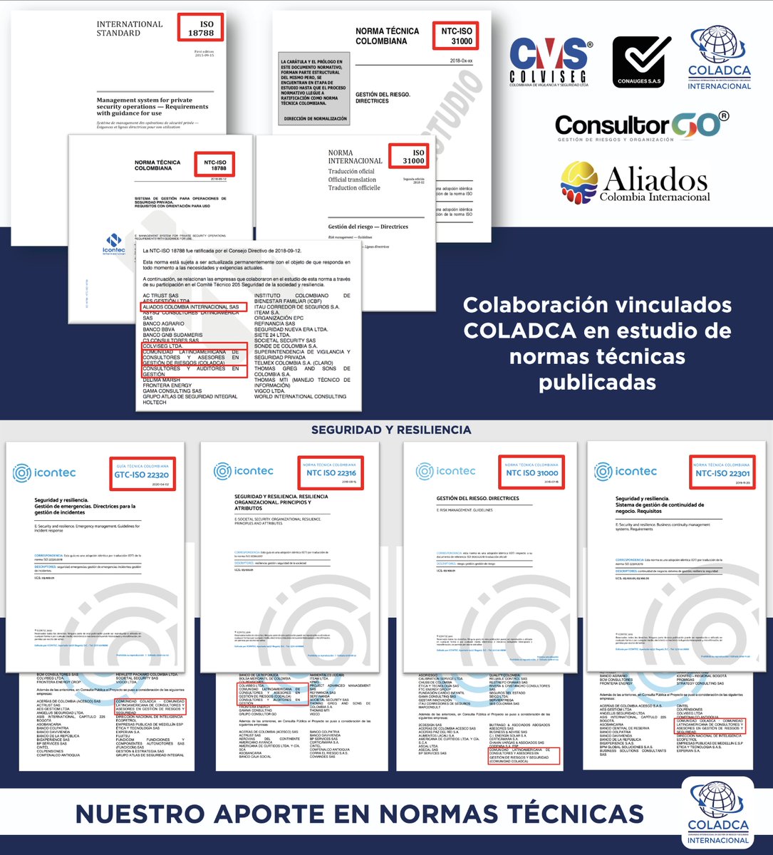 COLADCA's tweet photo. #DejandoHuella Resaltamos a organizaciones y profesionales vinculadas a COLADCA que trabajan en estudio y publicación de Normas Técnicas en Gestión de Riesgos, Seguridad y Resiliencia de la Sociedad
✊ Nos enorgullece su labor #ISO31000 #ISO18788 #ISO22320 #ISO22316 #ISO22301 https://t.co/8xXT4oXJ3E