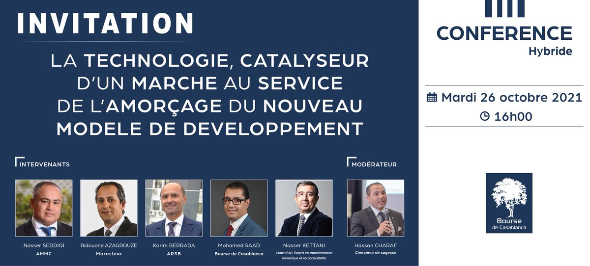 L'#AMMC représentée par <a href="/SeddiqiNasser/">Nasser Seddiqi</a>, Directeur des Opérations Financières et Marchés a participé à la conférence organisée par la <a href="/BoursedeCasa/">Bourse de Casablanca</a> autour de l’importance des dernières #technologies pour un #MarchéDesCapitaux au service du #NMD