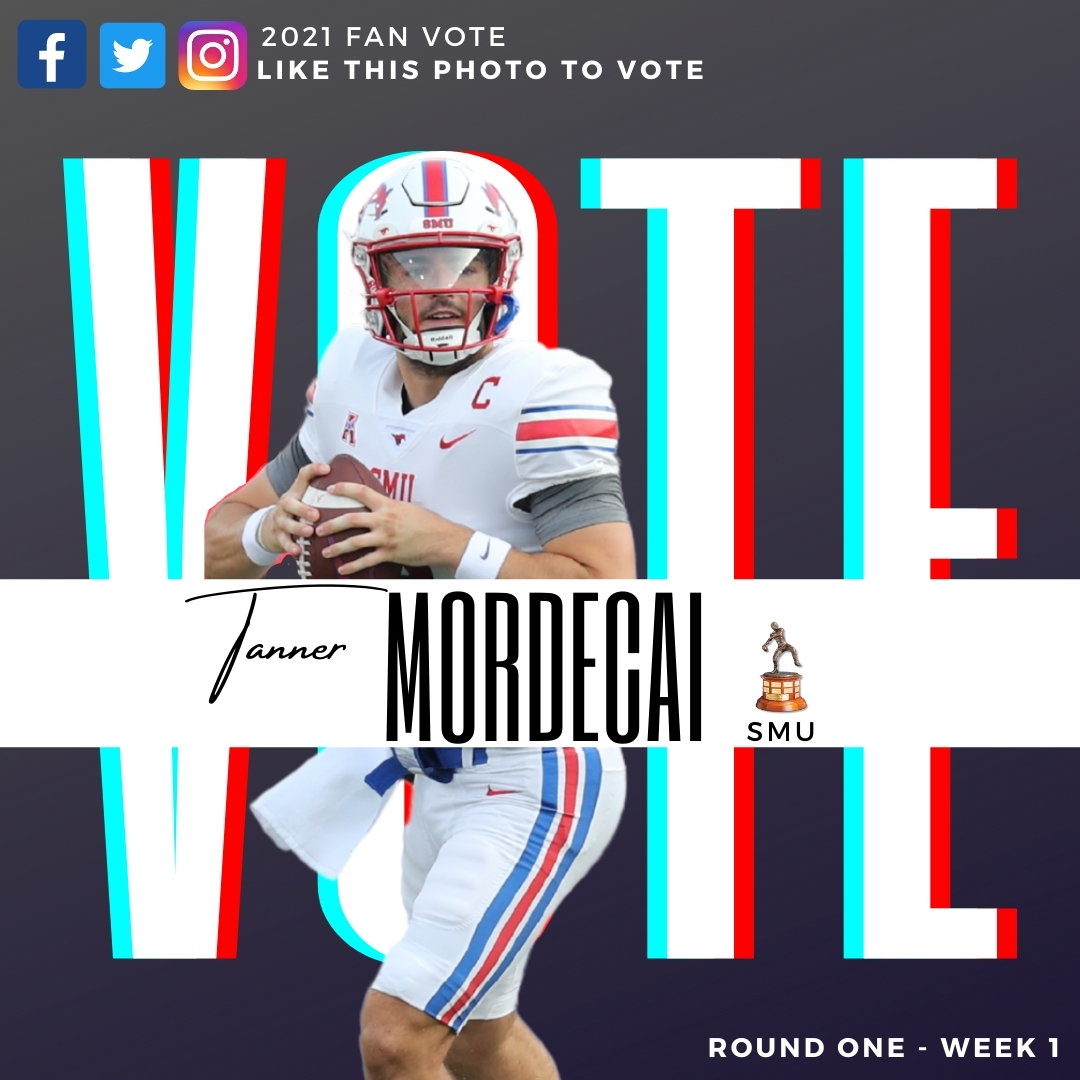 Vote for @t_mordecai of @SMU_Football to be a semifinalist for the Davey O’Brien National Quarterback Award by liking this post. The top five vote getters on Twitter, Instagram and Facebook with receive bonus committee votes each week. #DaveyQBs @SMUMustangs