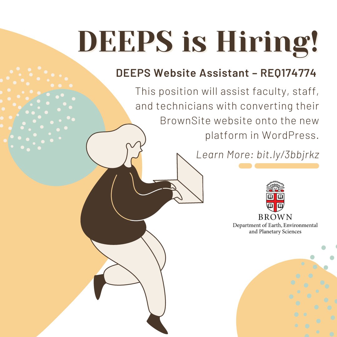 Brown_DEEPS's tweet photo. The Department of Earth, Environmental and Planetary Sciences is accepting applications for a new student position: DEEPS Website Assistant. Brown University students can find more details on the DEEPS Website (https://t.co/lVqNprJgTH) or apply through Workday. https://t.co/vjCrS6lwSB