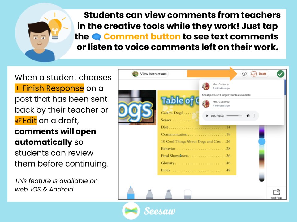 Seesaw's tweet image. 💡 Seesaw Community Tip: View Comments in the Creative Canvas
Find all community tips added weekly here: bit.ly/SeesawCommunit…
#seesawtips #SeesawReady