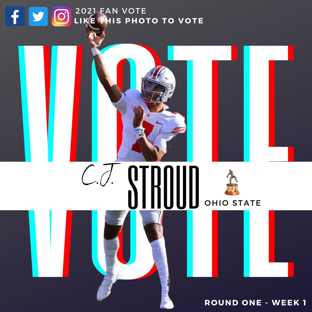 Vote for <a href="/CJ7STROUD/">CJ Stroud</a> of <a href="/OhioStateFB/">Ohio State Football</a> to be a semifinalist for the Davey O’Brien National Quarterback Award by liking this post. The top five vote getters on Twitter, Instagram and Facebook with receive bonus committee votes each week. #DaveyQBs <a href="/OhioStAthletics/">Ohio State Buckeyes 🌰</a>