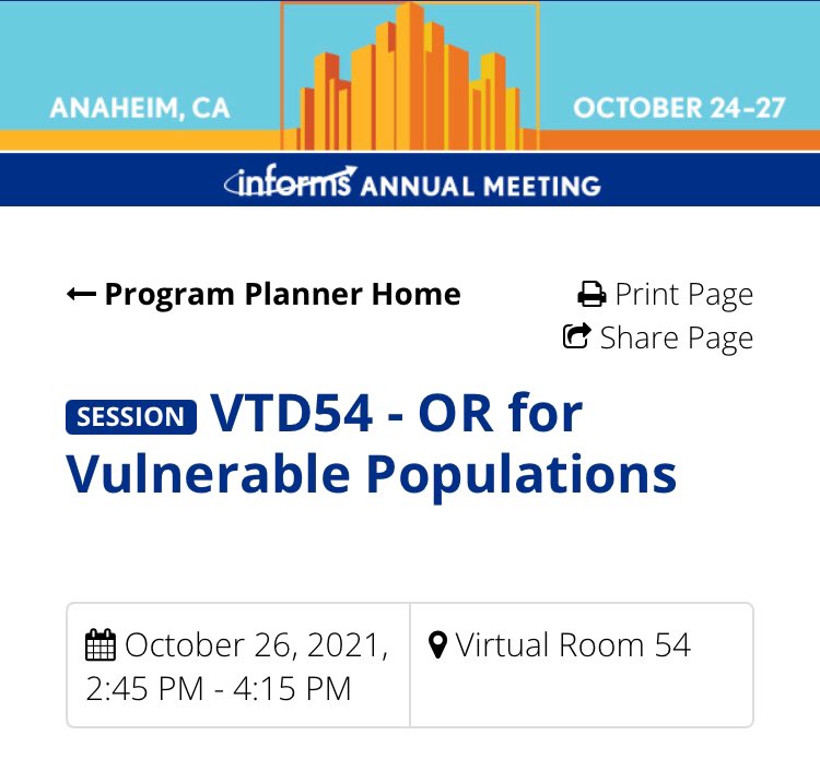 If you’re looking for a virtual #informs2021 session this afternoon, join <a href="/JuliaCoxen/">Julia Coxen</a> and I for a session on OR for vulnerable populations at 2:45 PST/5:45 EST

I’ll be sharing my work on improving access to opioid treatment in Tennessee - see you there!