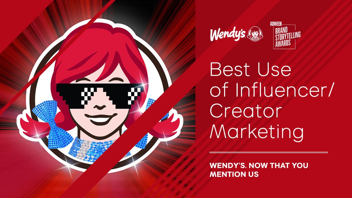 Rather than settling for 15 minutes of fame, we turned <a href="/Wendys/">Wendy’s</a> into a celebrity influencer that shapes culture every day. Congrats to our favorite redhead for winning Best Use of Influencer/Creator Marketing at <a href="/Adweek/">ADWEEK</a> Brand Storytelling Awards! bit.ly/3pEpIxC