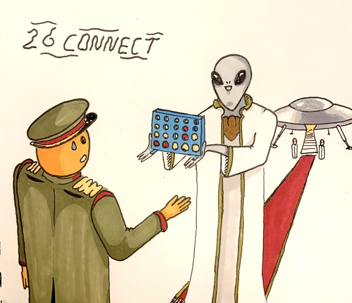 BrookScribble's tweet photo. #inktober2021 #day26 and the prompt is #CONNECT
The visitors first “message” from earth was an advert for connect 4 which they thought was a device that brought joy and peace between all races.
#inktober #alien #drawing #doodle #connect4 #firstcontact #UFO #scribblebrook https://t.co/erjWXtugBP