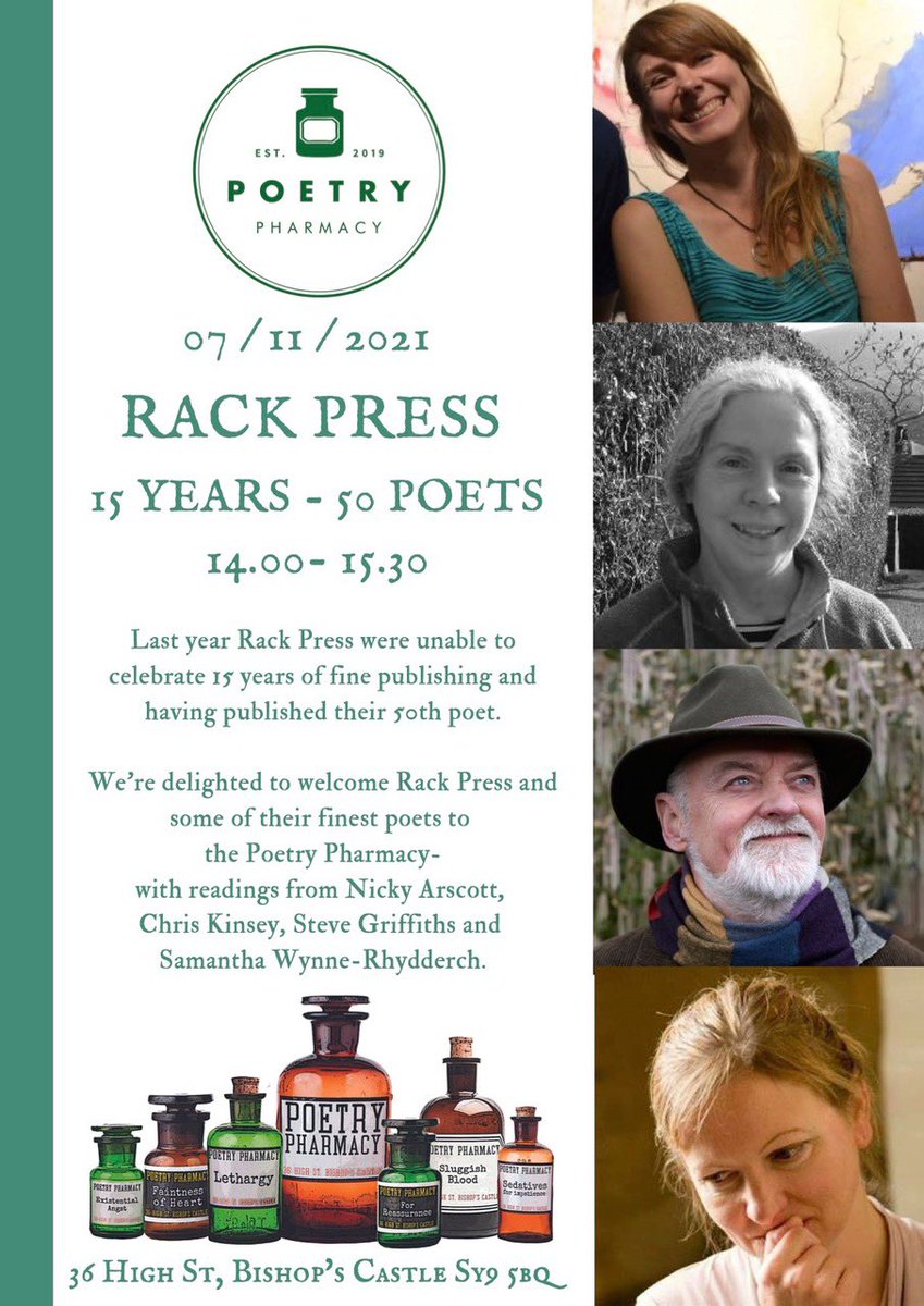 We’ll be celebrating 15 years of @RackPressPoetry on Sunday 7th November @emergencypoet in #BishopsCastle #ThePoetryPharmacy with @mothermarypress #ChrisKinsey and #SteveGriffiths @PatEdwa70504378 @wildernesspoet @WriterForster @mikeparkerwales @KatyEvansBush @KatrinaNaomi