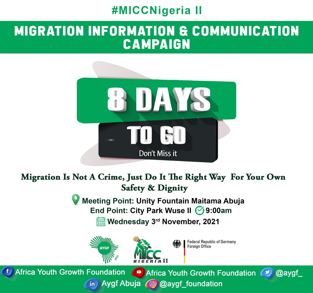 Aygf_'s tweet image. 8 days to #MICCNigeria II road show

Migration is not a crime just do it the right way for your own safety and dignity 

#stopirregularmigration #saynotoirregularmigration #stophumantrafficking #doittherightway