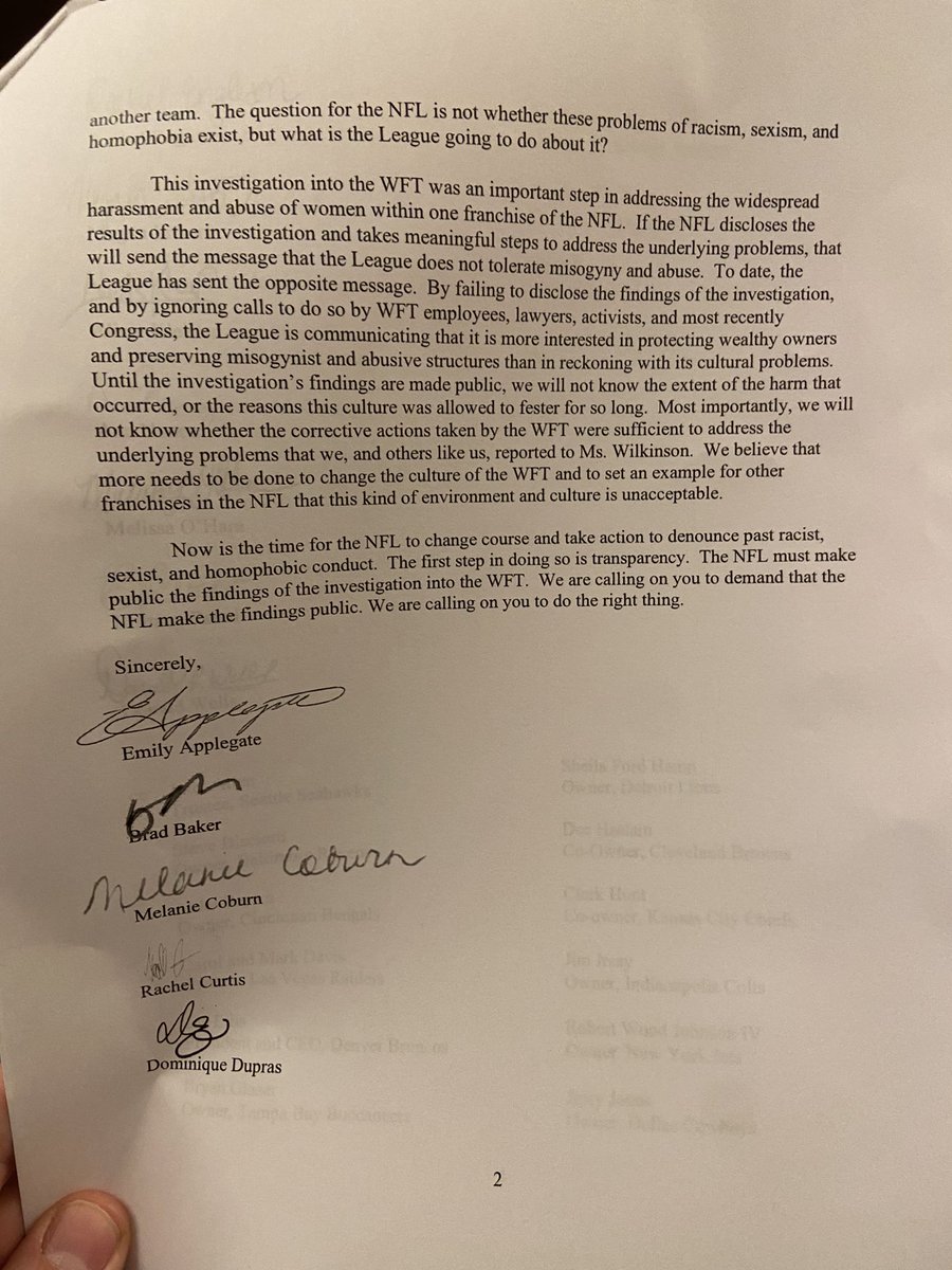 Here’s the letter Ana Nunez and Melanie Coburn brought to the league meetings, planning to drop off a copy for each NFL owner. “We are calling on you to demand that the NFL make the findings public.”