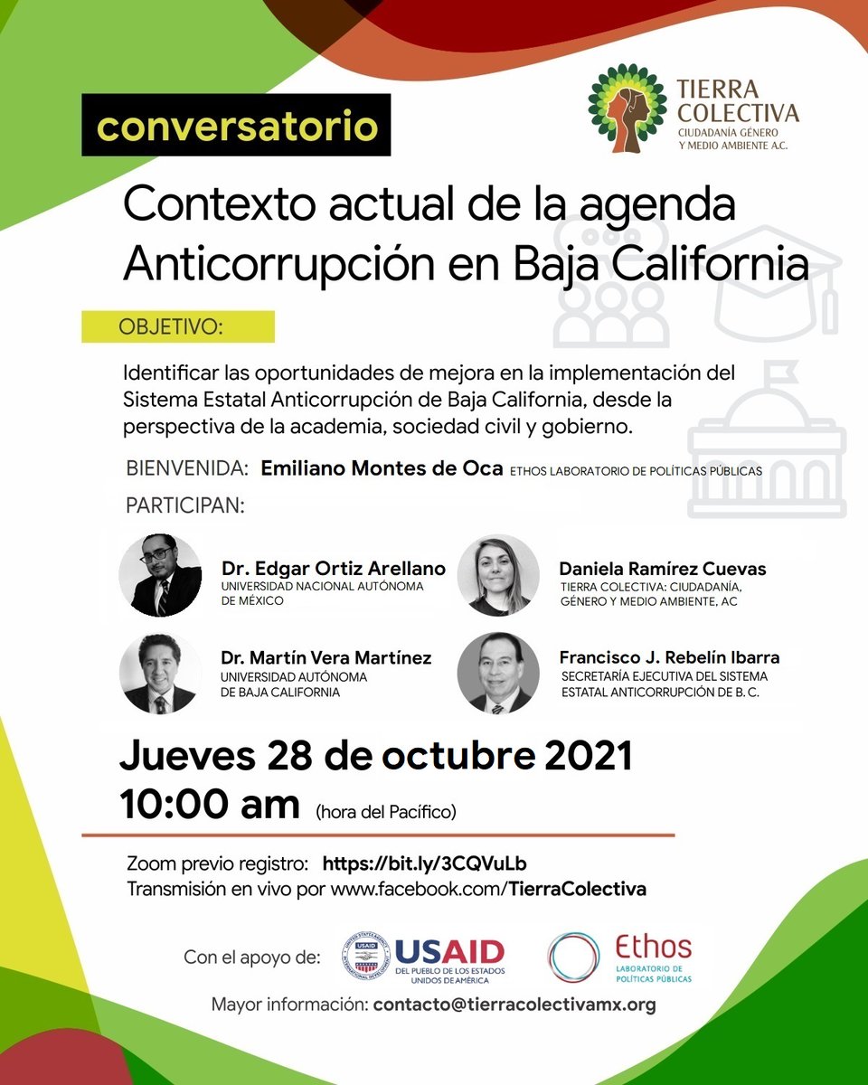 TierraColBC's tweet photo. Este jueves, "Contexto actual de la agenda #anticorrupción en #BajaCalifornia'', 10 AM (Tijuana).
Participan: @EmilianoMDO, @EdgarOrtizArel1, Dr. Martín Vera Martínez, Daniela Ramírez Cuevas, Francisco J. Rebelín.
Por Zoom: https://t.co/FupcyhdNYR https://t.co/xeiYuwpm3z