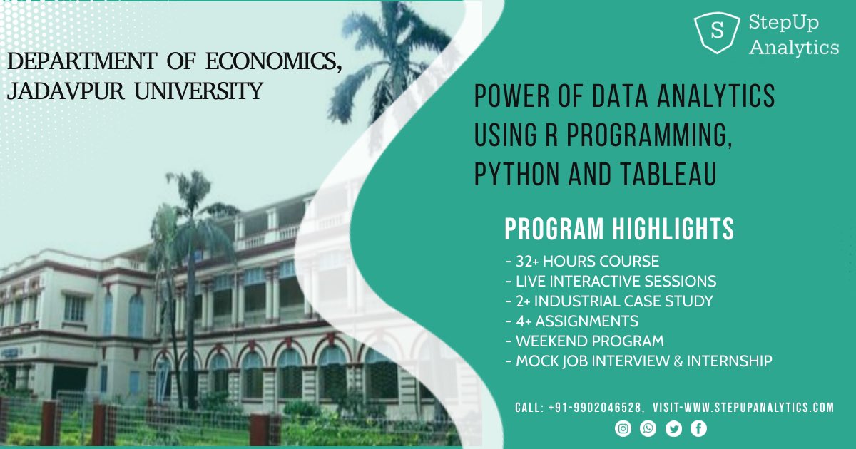 Harness the Power of Data Science Using R, Python and Tableau at <a href="/JUFET/">Jadavpur University</a> <a href="/ju_ecell/">JU E Cell</a> 
|
Live interactive session

Duration: 2 months
Apply Before: 30th Oct 21
Program Start: 30th Oct 21
Registration: bit.ly/3Gjea8I #DataScience #ArtificialIntelligence #LearningAnalytics