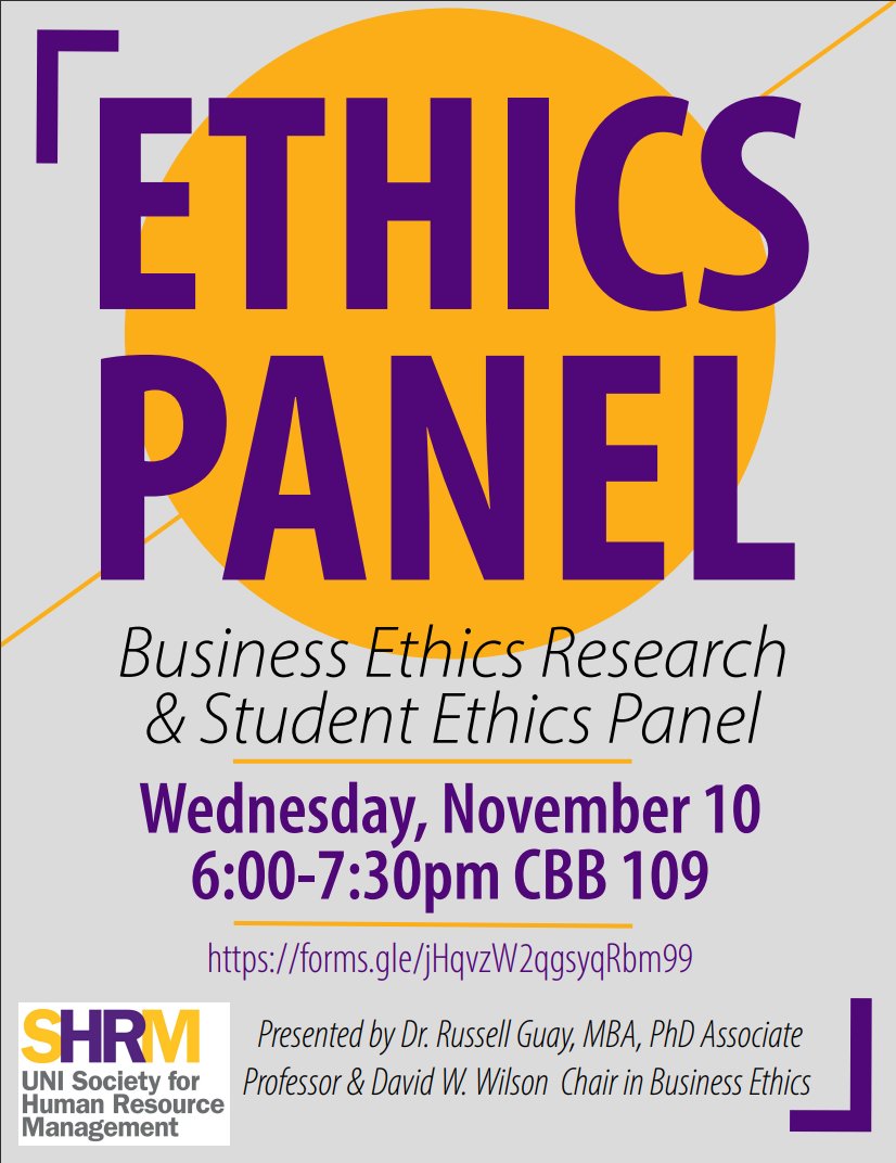 unishrm's tweet photo. On November 10th from 6:00-7:30pm in CBB 109, come see Dr. Russell Guay speak about some of the newest research findings on academic cheating as well as several UNI Business students taking part in a panel discussion to share their views on ethics in business and in academia. https://t.co/eqWpuWANkg