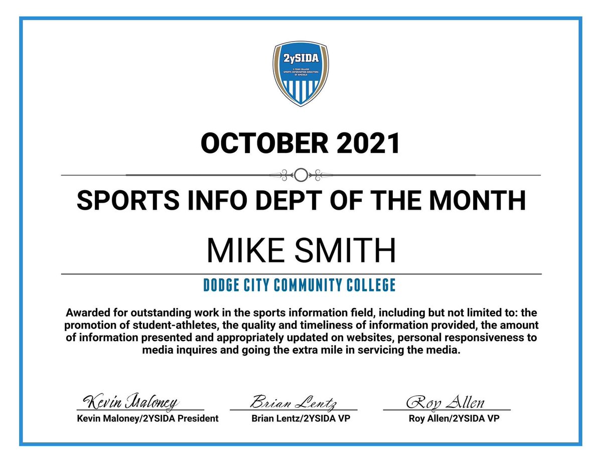 2YSIDA (@2ysida) on Twitter photo Congratulations to Mike Smith of <a href="/GoConqs/">Dodge City CC Conquistadors</a>, October 2021 Sports Information Department of the Month! Mike is in his first few months with the Conqs and has made an immediate impact. Keep up the great work! Congratulations to Mike Smith of <a href="/GoConqs/">Dodge City CC Conquistadors</a>, October 2021 Sports Information Department of the Month! Mike is in his first few months with the Conqs and has made an immediate impact. Keep up the great work!