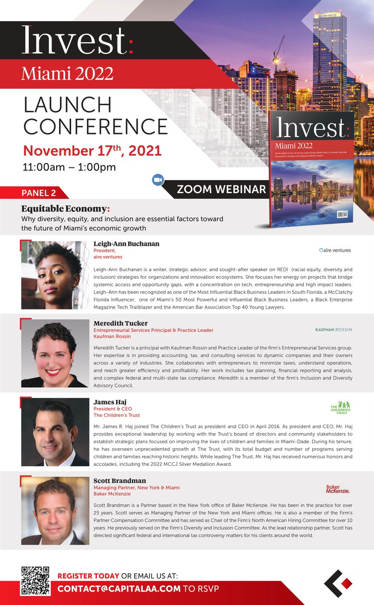 Invest_Miami's tweet photo. The 'Equitable Economy' lineup for the Invest: Miami 2022 Launch Conference!
👉 Register here: https://t.co/8DUPFuGzlc
👉 Learn more: https://t.co/73NF7uiFQ6
@VentureCafeMIA @KaufmanRossin @childrenstrust @bakermckenzie #investmiami2021 #conference #miamileaders https://t.co/uT9B07PDJ1