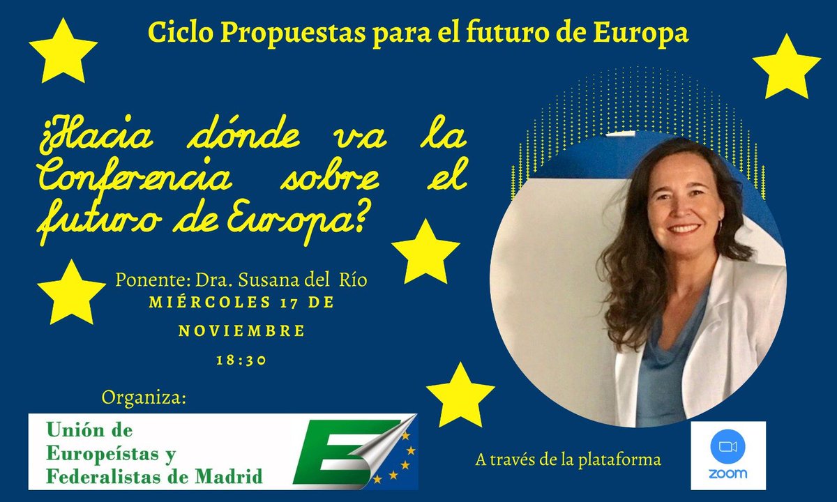 📆 17 de noviembre
🕡 18:30 horas
📌Debatiremos ¿Hacía dónde va la Conferencia sobre el futuro de Europa? con la 🎓 Dra. <a href="/Su_delRio/">Susana del Río</a> 
👉🏻 A través de la plataforma Zoom.
🇪🇺
#CoFoE #FutureisYours