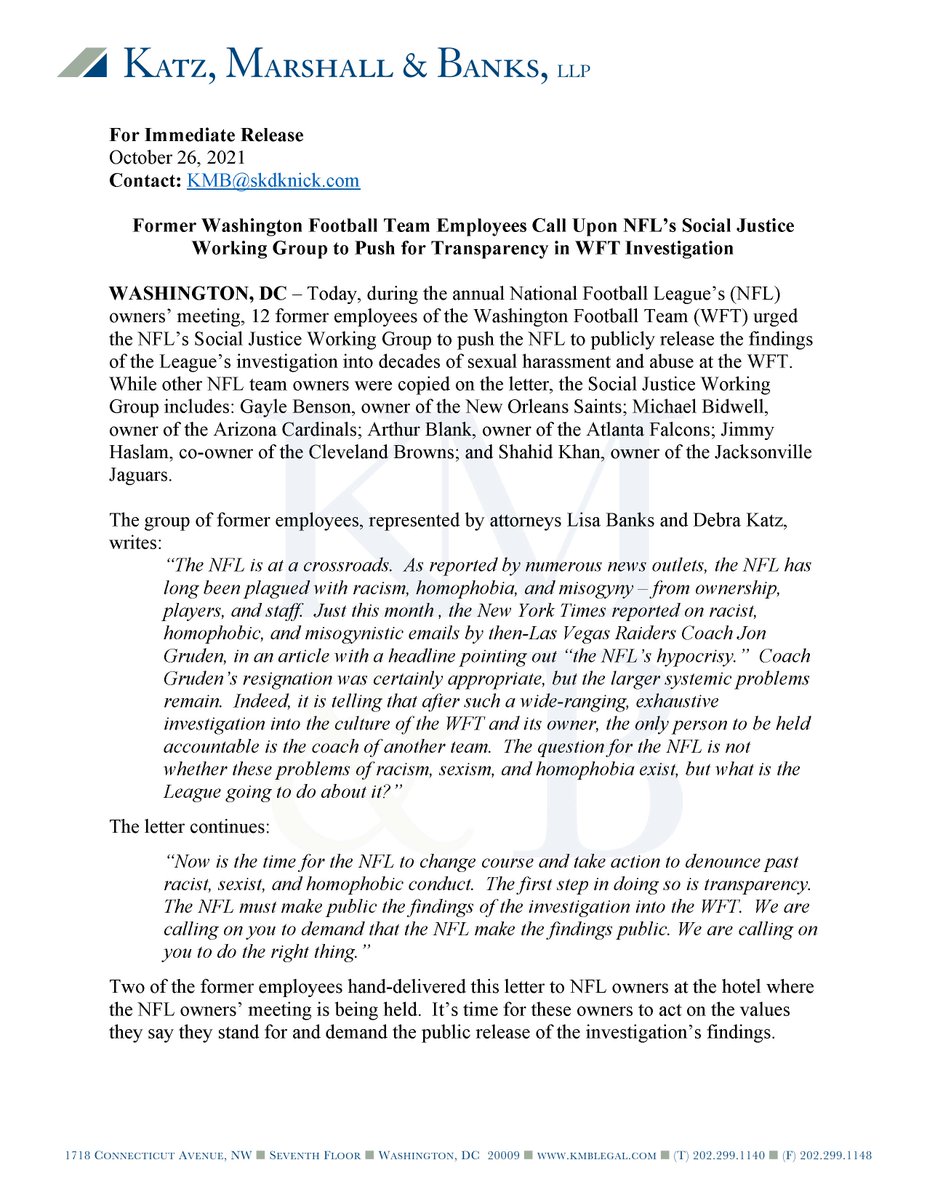 Former Washington Football Team Employees Call Upon NFL’s Social Justice Working Group to Push for Transparency in WFT Investigation

kmblegal.com/sites/default/…