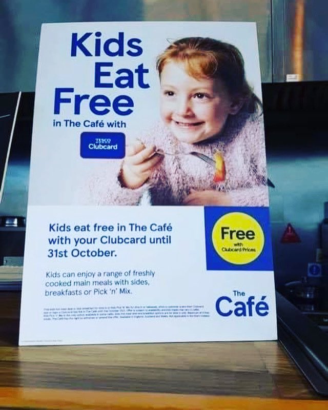 In case anyone is struggling over this half term, with or without the lack of free school meals and such. 
Kids can now eat free at Tesco Café. Adults don't need to buy anything to make you qualify for the offer, you can just scan your clubcard, so the kids can eat regardless.