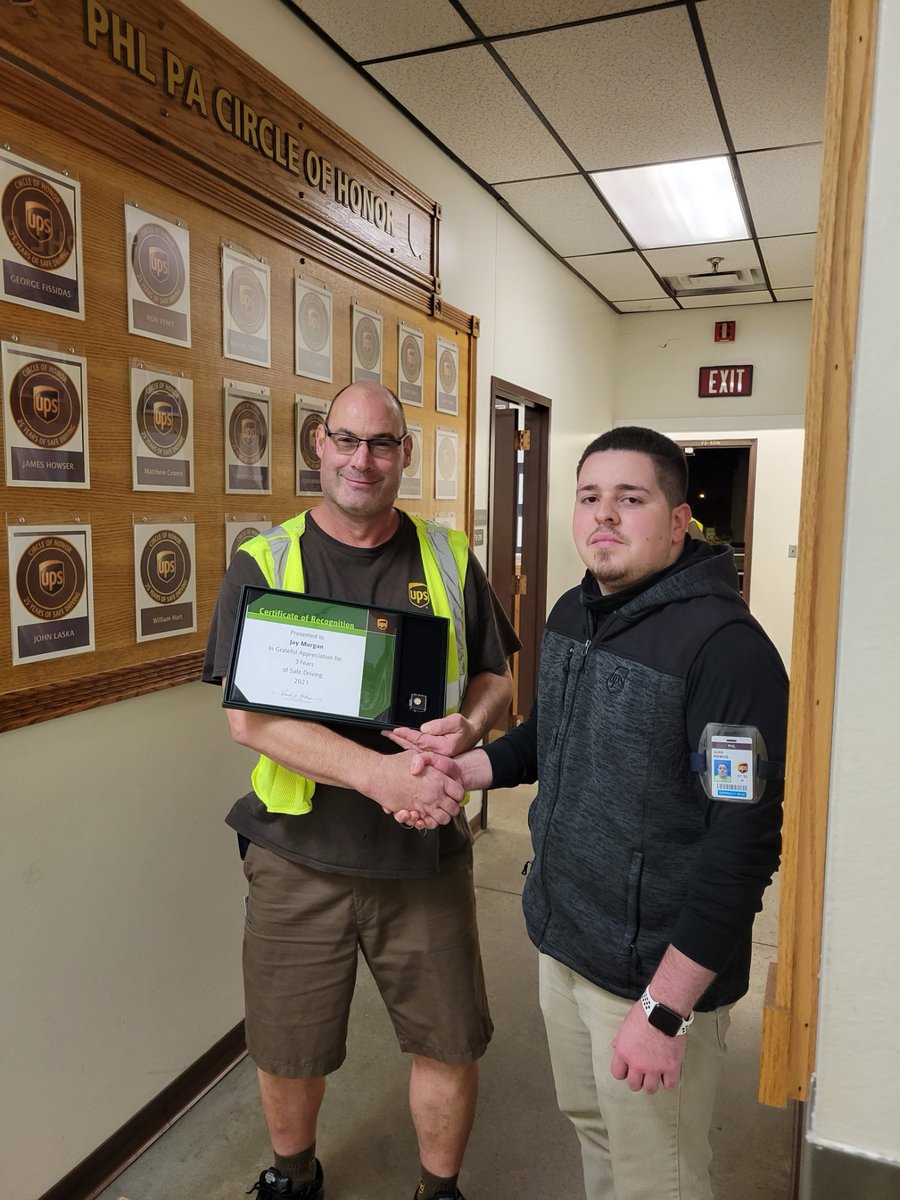 Congratulations to Jay Morgan on 3 years of safe driving! Thank you for helping drive our success, and keeping everyone safe in the process. <a href="/JuanSanchezUPS/">Juan Sanchez</a> <a href="/RayBarczak/">RayBarczak</a> <a href="/RobertCapone17/">Robert Capone</a>  <a href="/EricMor920/">Eric Morrell</a>