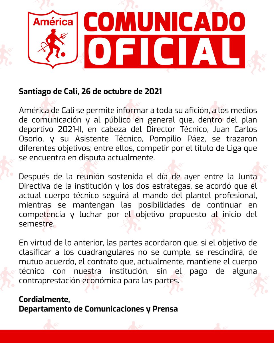 AmericadeCali's tweet photo. 📄 Comunicado oficial | Cuerpo técnico. https://t.co/80Sa1ETfSQ