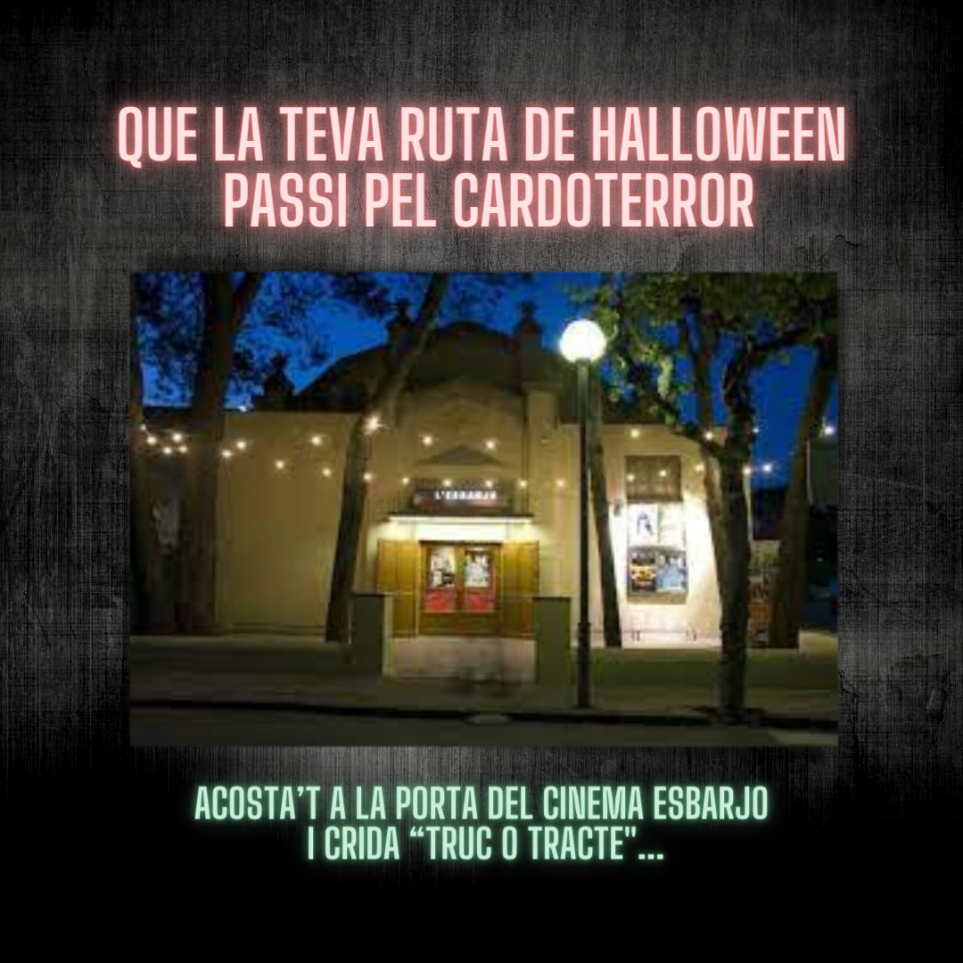 Cardoterror's tweet photo. 🎃 Si aquest diumenge fas ruta de #Hallowwen, acosta't a la porta del @CinemaEsbarjo🚪 L'equip del #Cardoterror tindrà caramels per tots aquells que celebreu la nit més terrorífica de l'any vestits de personatges esgarrifosos! 🍬 #trucotracte https://t.co/ZWgvJsrrYF
