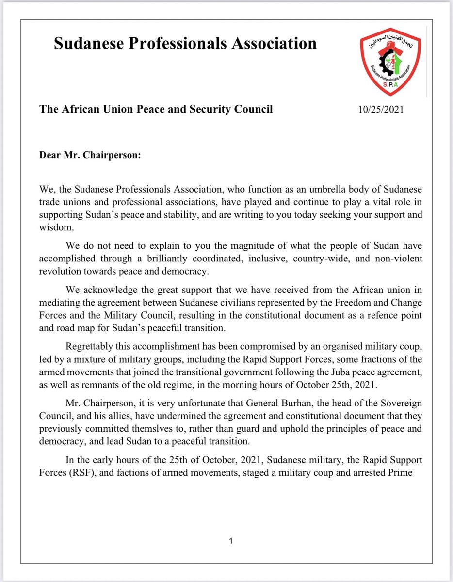 AssociationSd's tweet photo. SPA statement to Peace and Security Council of the African Union (PSCAU) regarding the brutal military coup in Sudan.

 October 26, 2021

خطاب موجه لمجلس الأمن والسلم بالإتحاد الإفريقي حول الانقلاب العسكري الغاشم في السودان.

٢٦ أكتوبر ٢٠٢١م

#العصيان_المدني_الشامل https://t.co/hYPYIAtRrM