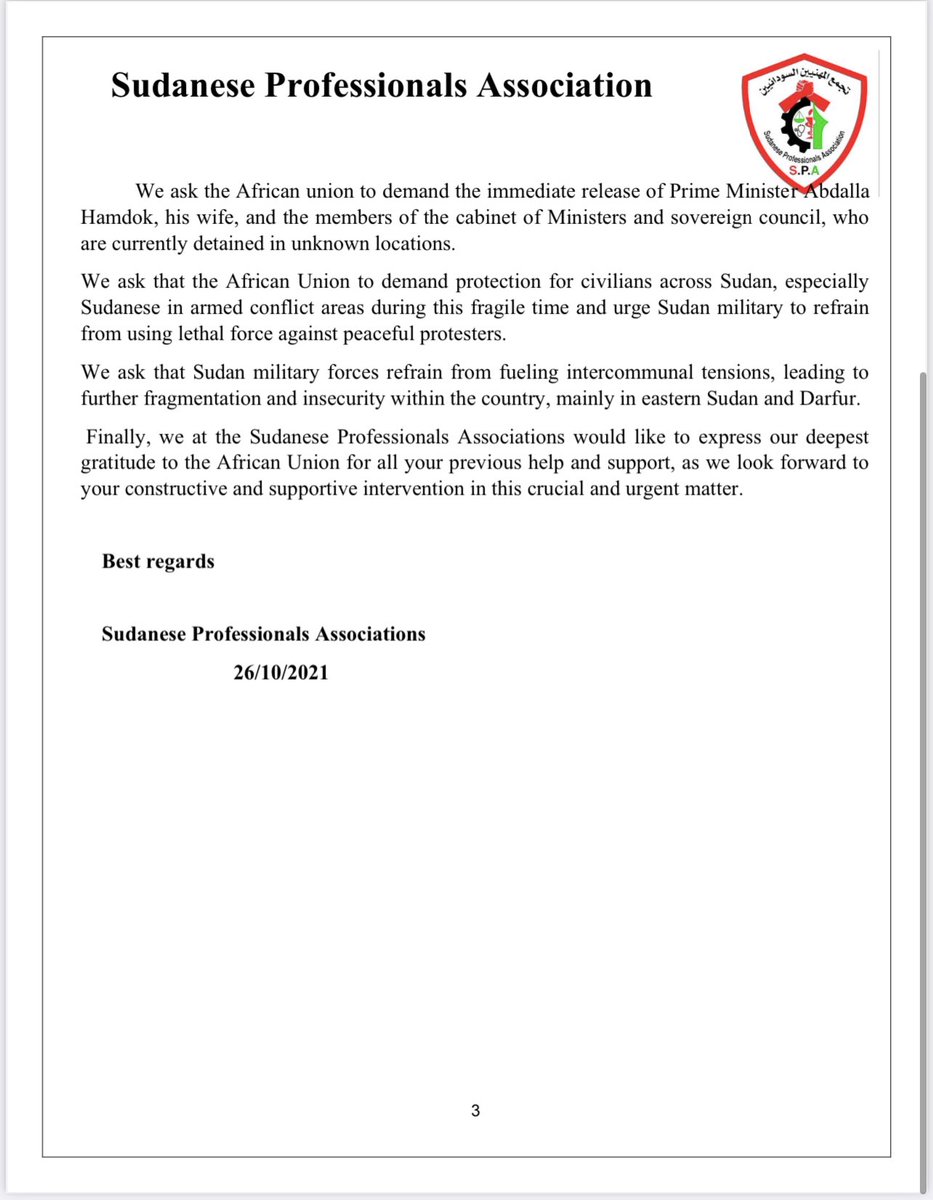 SPA statement to Peace and Security Council of the African Union (PSCAU) regarding the brutal military coup in Sudan.

 October 26, 2021

خطاب موجه لمجلس الأمن والسلم بالإتحاد الإفريقي حول الانقلاب العسكري الغاشم في السودان.

٢٦ أكتوبر ٢٠٢١م

#العصيان_المدني_الشامل