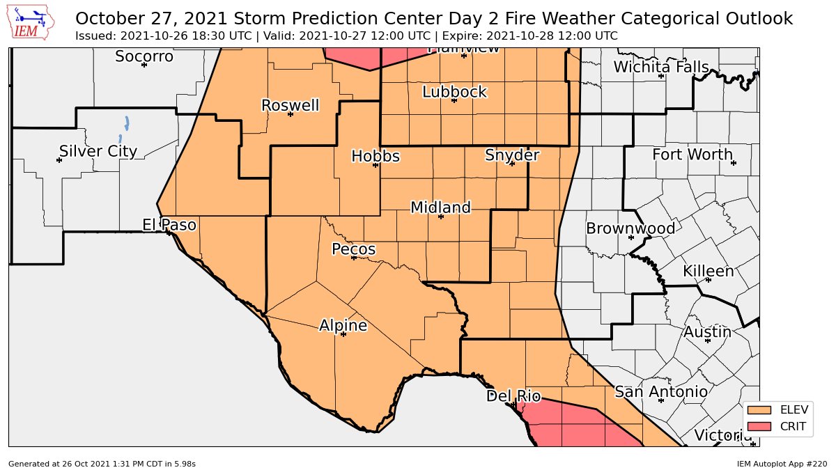 SPC issues Day 2 Elevated Fire Weather Risk at Oct 26, 18:30z for MAF https://t.co/ZgdXcc5m7B https://t.co/Bf83xxr8U3