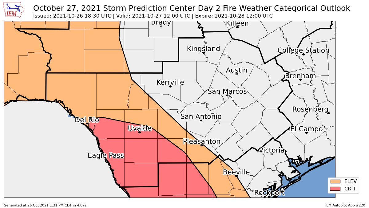 SPC issues Day 2 Critical Fire Weather Risk at Oct 26, 18:30z for EWX https://t.co/2VYihrsEZr https://t.co/03Iv4WhpCT