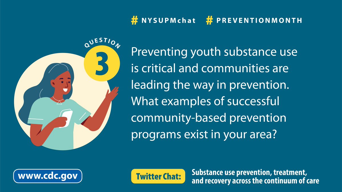 CDCInjury's tweet photo. Q3. Preventing youth substance use is critical and communities are leading the way in prevention. What examples of successful community-based prevention programs exist in your area? #NYSUPMchat #PreventionMonth https://t.co/9Iqs0p3Kcz