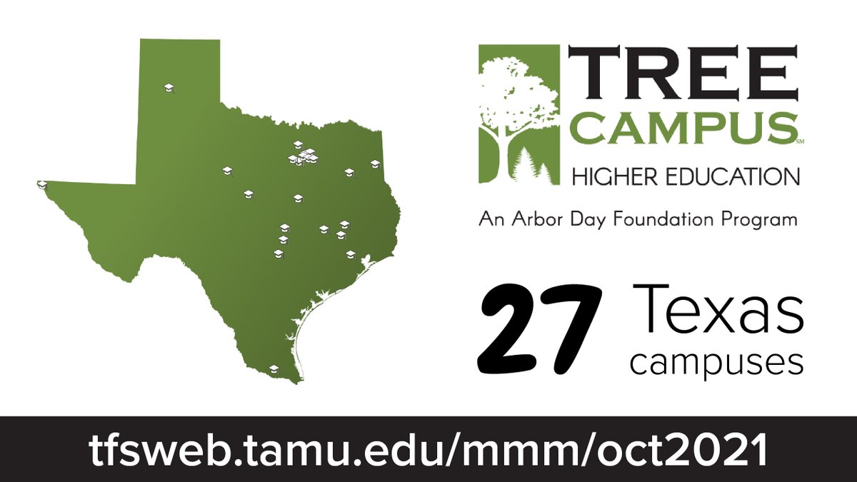 TXForestService's tweet photo. 27 Texas colleges and universities have earned the Tree Campus Higher Education designation from @arborday.  Learn more at https://t.co/GnEFSnS5oR, and stay tuned for Tree City USA info as we gear up for #TexasArborDay Nov. 5!

#MonthlyMapMonday #MapMonday https://t.co/VU0lS1gVLX