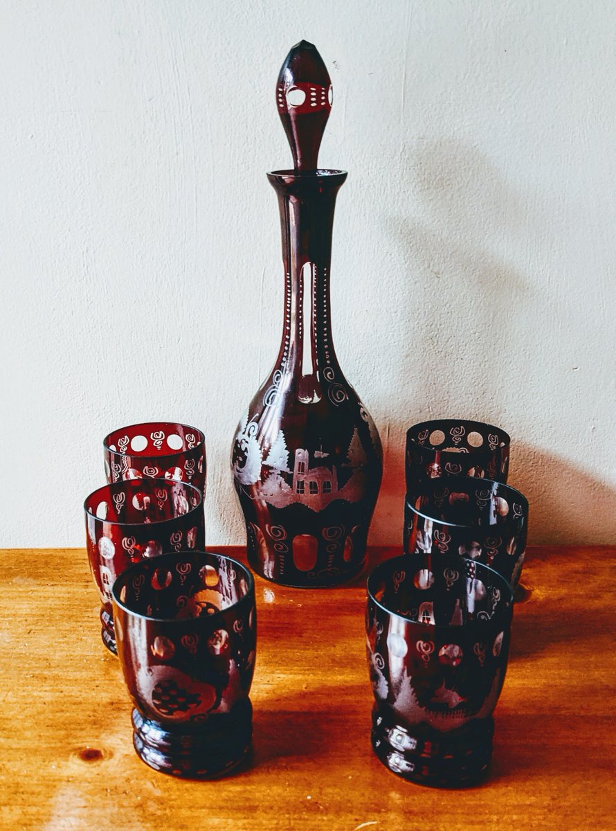 Beautiful Bohemian Decanter and Glassware Set just in at whimsicalvintage.etsy.com #decanterset #bohemianglass #czechglass #barware #etsy #etsyshop #whimsicalvintage #holidayglassware #christmas