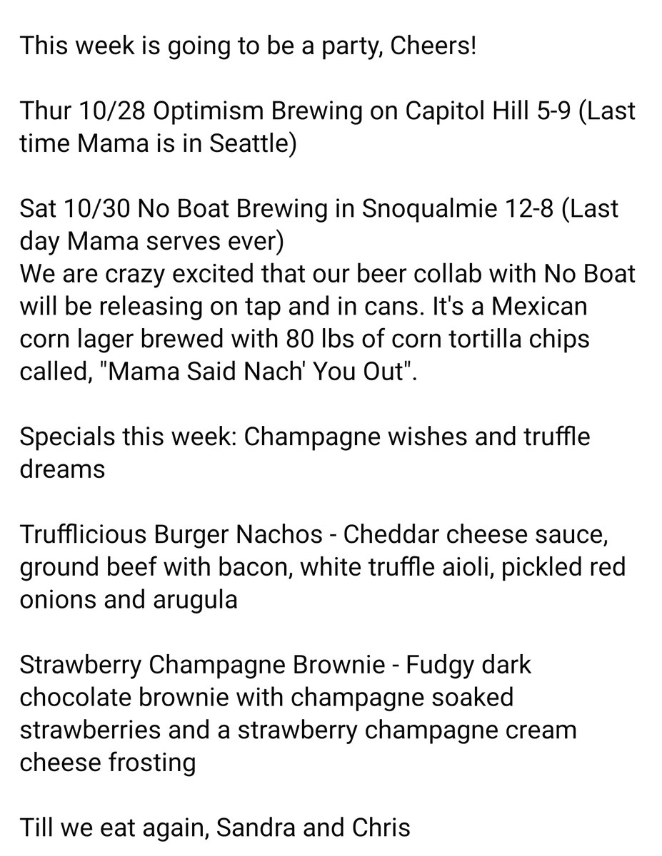 It's the last week y'all
Thur 10/28 <a href="/OptimismBrewing/">Optimism Brewing Co.</a> 5-9
Sat 10/30 <a href="/NoBoatBrewing/">No Boat Brewing Co.</a> 12-8