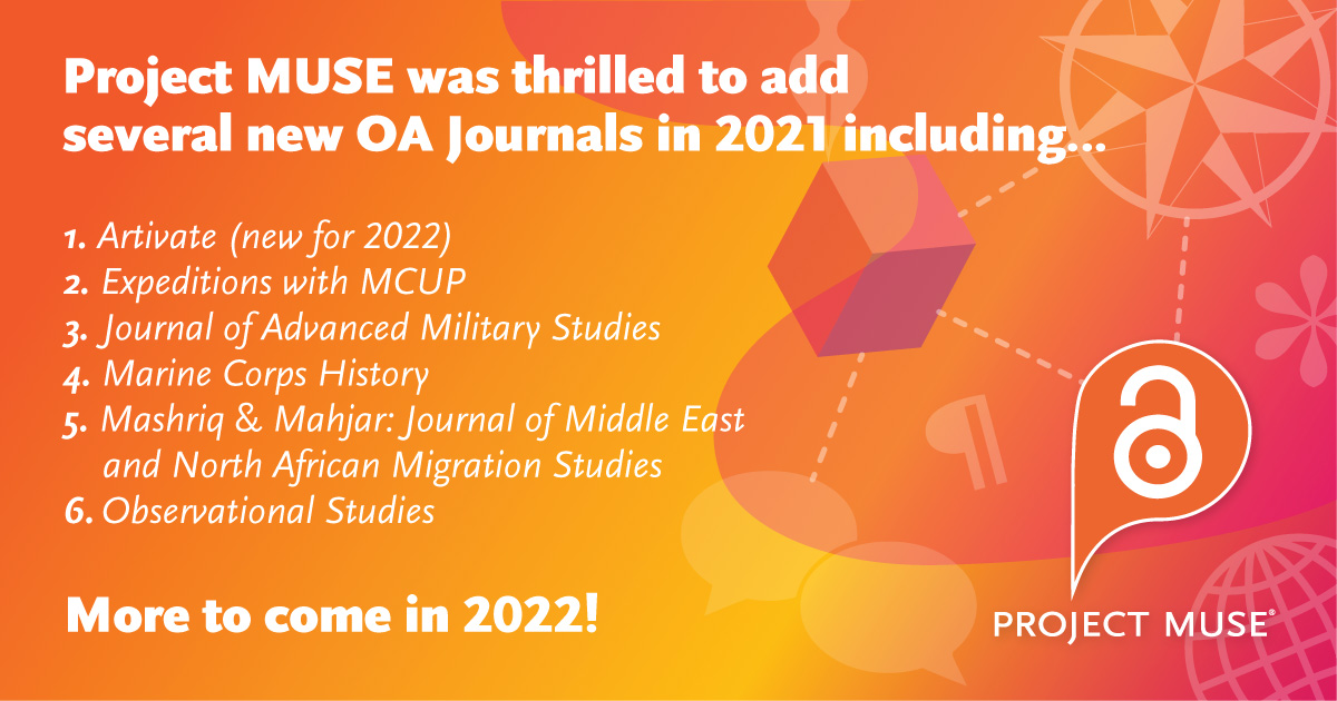 ProjectMUSE's tweet image. Since last year&apos;s #OAweek2020 we&apos;ve added several new #OpenAccess journals for #OAweek2021 and are looking ahead to more #OA content in 2022!  #ReadUP on MUSE &amp;amp; #Explore More Here: bit.ly/tOAweekMUSE2021