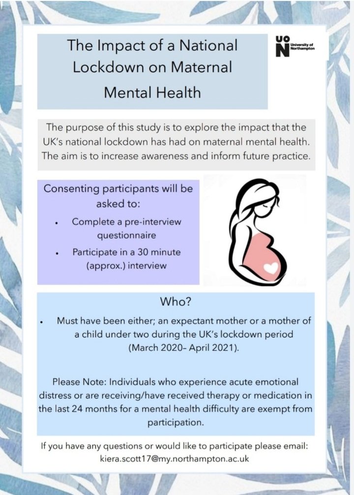 Posting this for a friend (and fellow <a href="/UoNCAMH/">UoNCAMH</a> student). Please contact her using the email on the advert, if you would like to take part. 

She's looking for women who were expectant mothers, or mothers of a child under two, during the UK’s national lockdown. Full details below