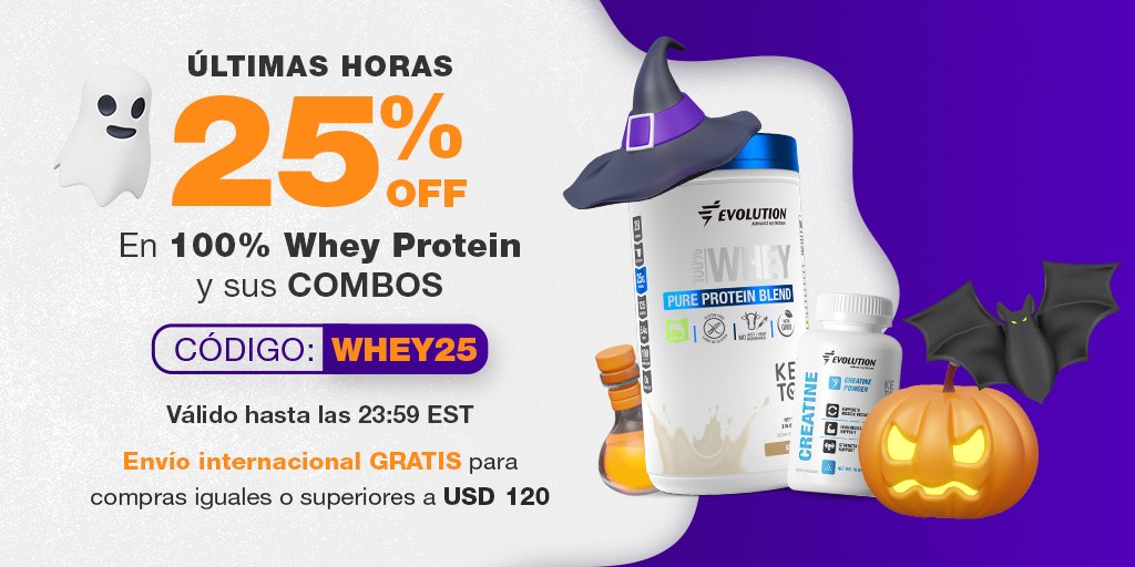 ¡Últimas horas! #FlashSale 🎃 25% OFF en 100% Whey Protein y sus combos. Escoge el que se adapte a tu meta y llévate Carnitine de obsequio + Envío internacional GRATIS para pedidos que igualan o superan USD 120 🛒. Código: WHEY25. Haz tu pedido ahora bit.ly/3C6nES5