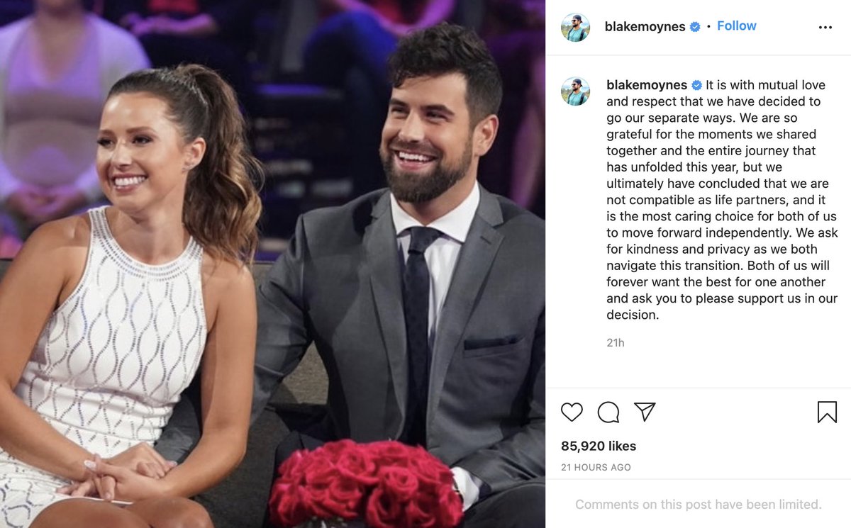 Bachelor_Bell's tweet photo. Who saw this breakup coming? 🙋🏽‍♀️ #Bachelorette #KatieThurston #blakemoynes https://t.co/QU67kt4EWl