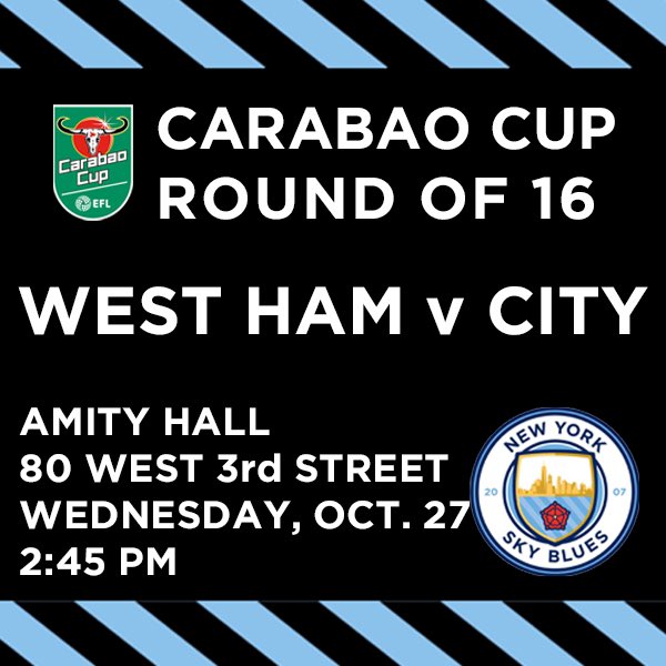 newyorkskyblues's tweet photo. Join us at 2:45pm tomorrow at @amityhallnyc as City faces West Ham in a Carabao Cup matchup! #CmonCity #QuestForFive https://t.co/lzmIhj0PTi