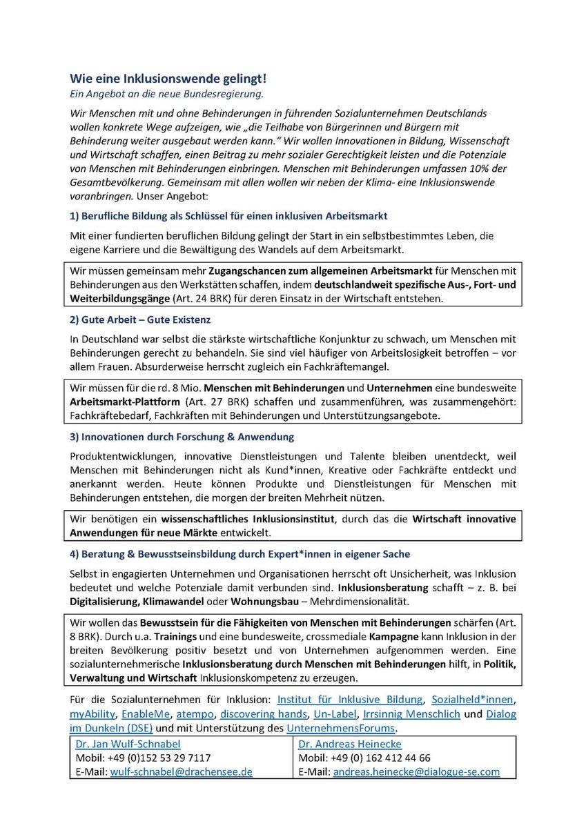 #Inklusionswende jetzt! Menschen mit und ohne #Behinderungen in führenden #Sozialunternehmen Deutschlands und Ashoka-Fellows haben einen One-Pager erarbeitet, um der neuen #Bundesregierung ein Angebot für eine gelingende #Inklusionswende zu unterbreiten.
