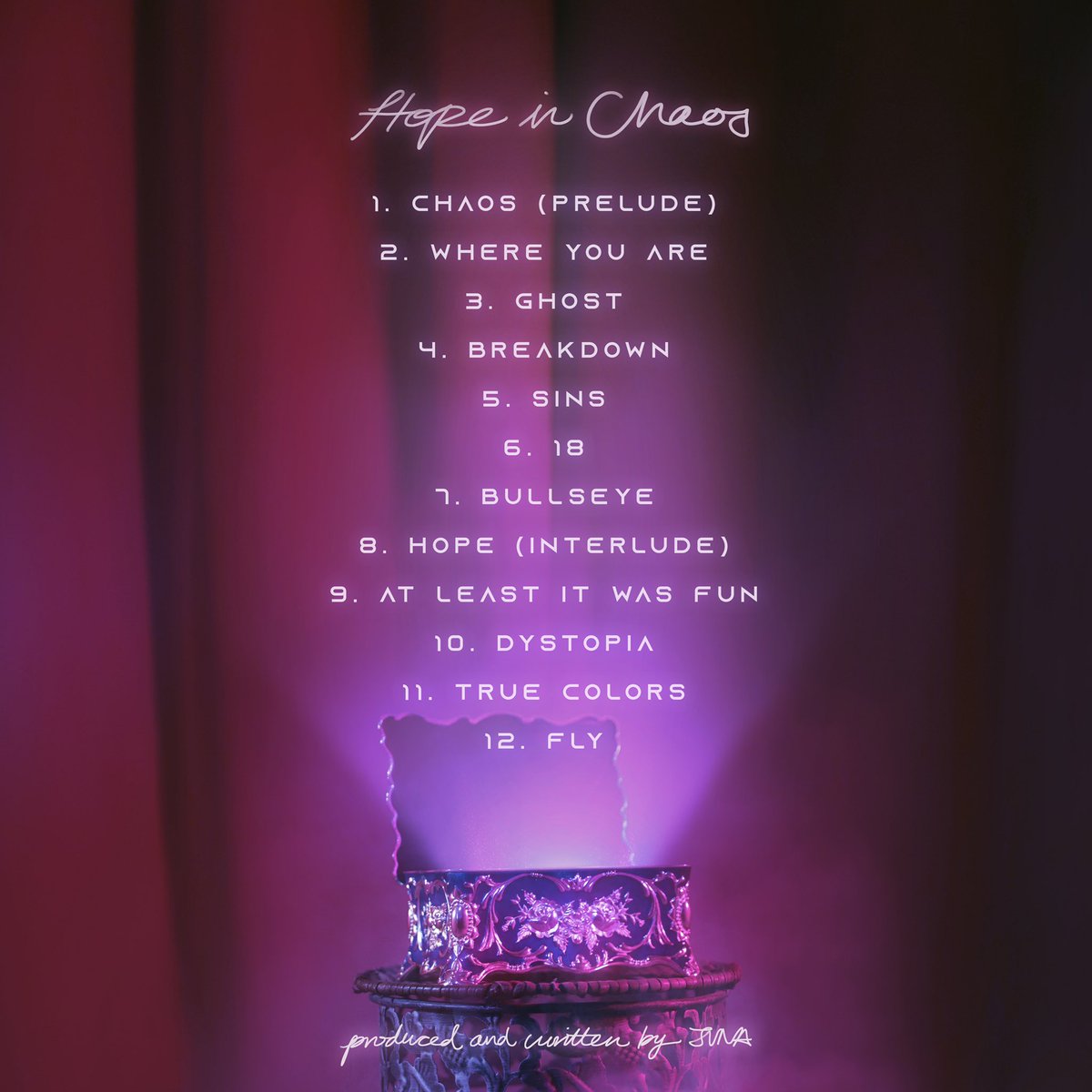 JVNA's tweet photo. My debut album “Hope In Chaos” will be out 11/19! This album is about finding the light through the darkness and preserving though our inner demons. All 12 tracks are produced, written, and sung by me. No collabs. I’m going to give you all a story by me 💜 https://t.co/1iye4sERLC
