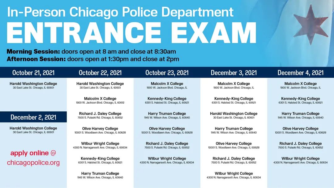 ChicagoCAPS11's tweet photo. Come join the next generation of Chicago Police Department officers! We're hosting in-person officer entry exams at all City Colleges of Chicago locations in October and December.

You can apply online in advance or just show up on exam day. https://t.co/AtARmNx8Ju