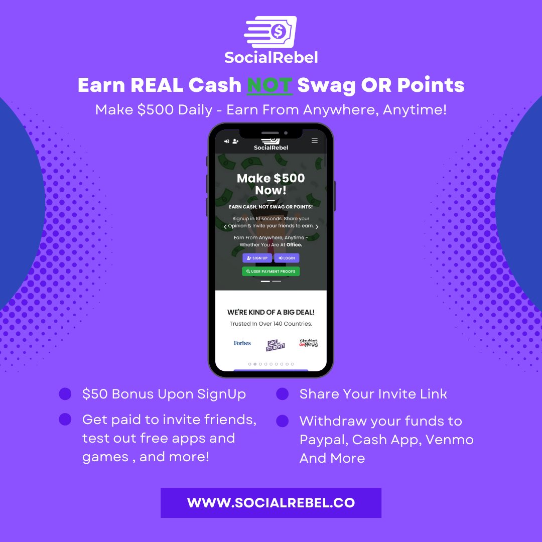 _ACE_BOOGIE200's tweet photo. EARN CASH, NOT SWAG OR POINTS! SocialRebel let's you earn $500 daily. You get paid for testing apps, voicing your opinion and posting on social media. Signup now for a $40 bonus! https://t.co/u80cMo7Vtr #SocialRebel #trend https://t.co/lsVkg0ai5Z