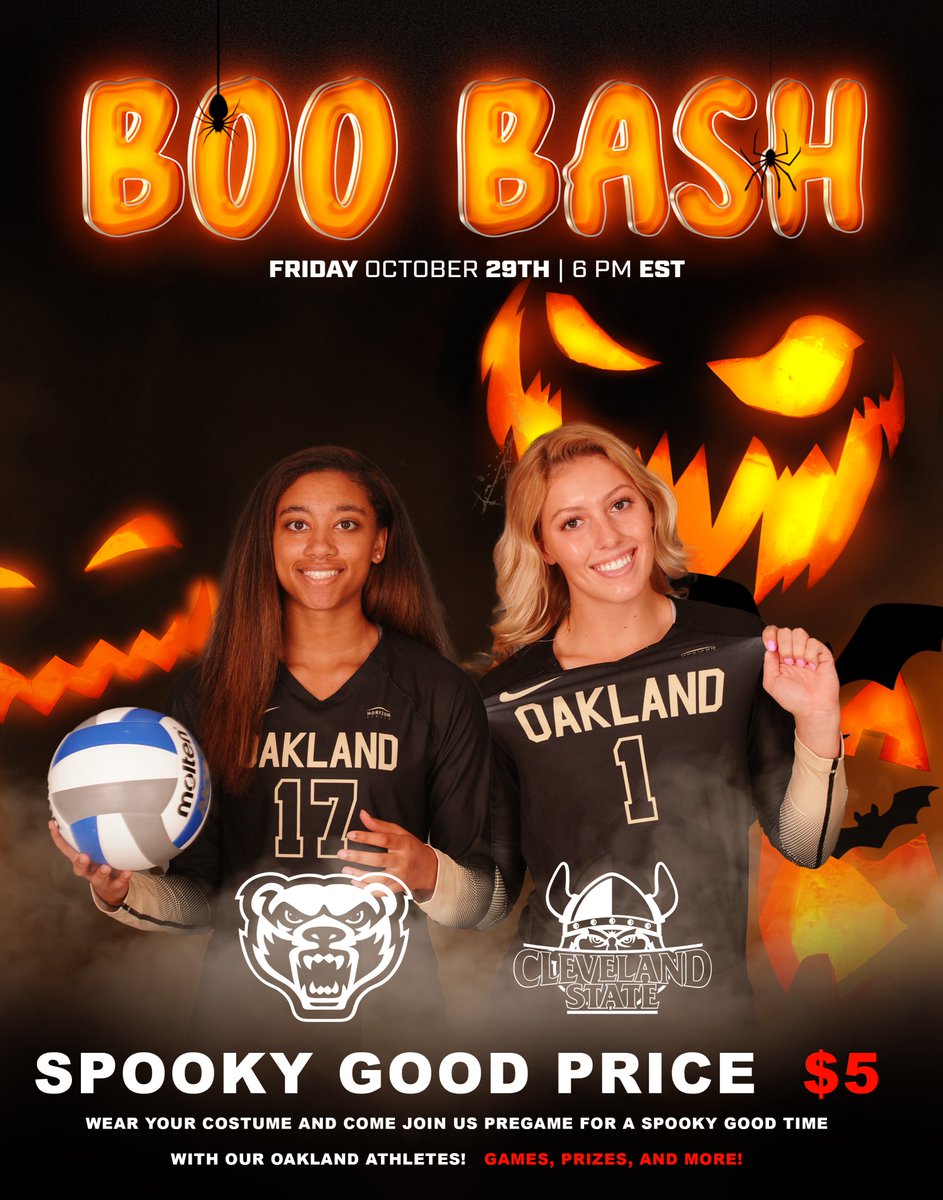 GoldenGrizzlies's tweet photo. Show up to the @OaklandWVB game early this Friday in your Halloween costume! Join us for games, costume contests, and prizes!!! Boo Bash starts at 5pm!! https://t.co/8pXIRCMCAp