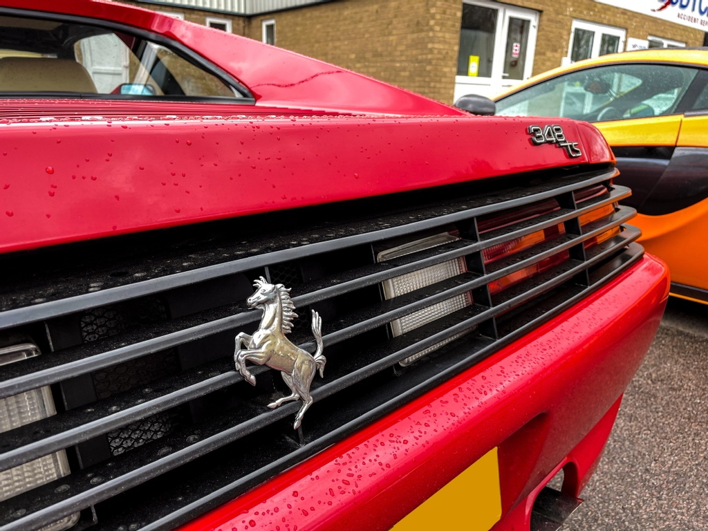 The_Bodycentre's tweet image. This stunning Ferrari 348 TS came to us for an estimate to have some fresh paintwork 🔥

This iconic Ferrari has a 3.4 litre V8, generating up 300 bhp, with a 0 - 60 mph of just 5.6 seconds.

What’s your favourite Ferrari of all time? 🇮🇹 

#ferrari348 #classicferrari #norwich