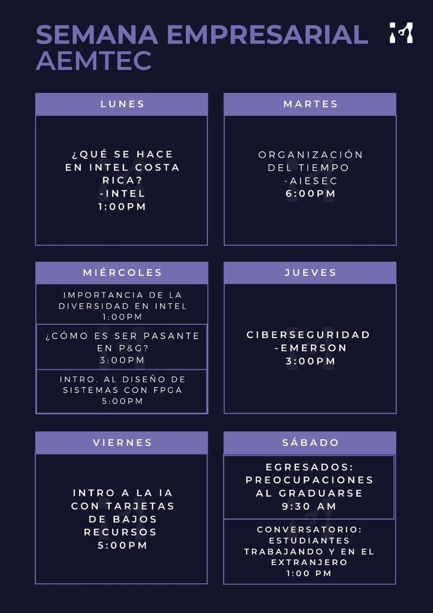_AEMTEC's tweet photo. Semana Empresarial AEMTEC🚨
Los links de las charlas están en el padlet: https://t.co/h0vsL7Vyh4 https://t.co/HdgnIEIMB6