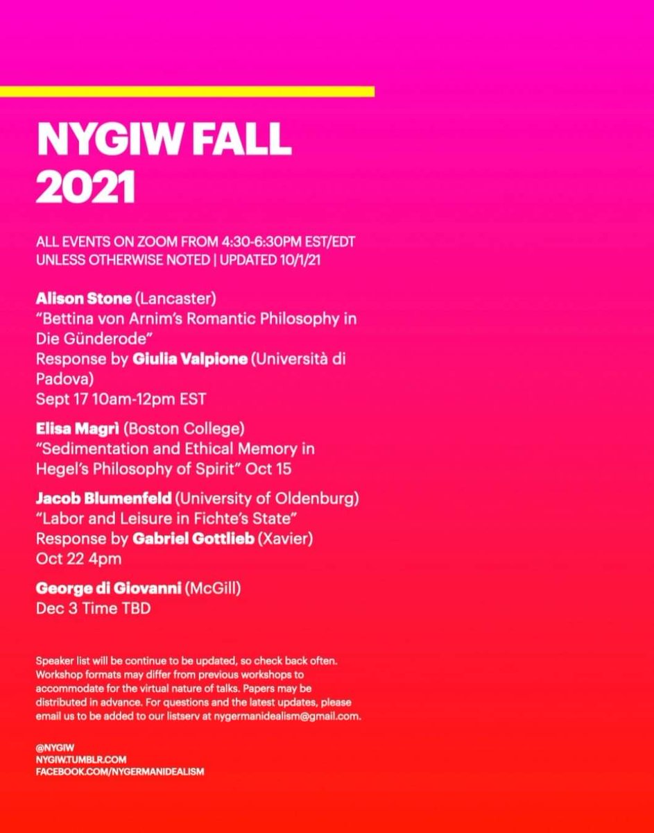 Thanks to <a href="/symphilosophie/">Symphilosophie</a> for posting about this fantastic workshop. Fellow German Idealists!! The final program of the «New York German Idealism Workshop – Fall 2021» is now on-line! featuring the brilliant <a href="/xgabegottliebx/">Gabe Gottlieb</a> Alison Stone, and George di Giovanni and many more