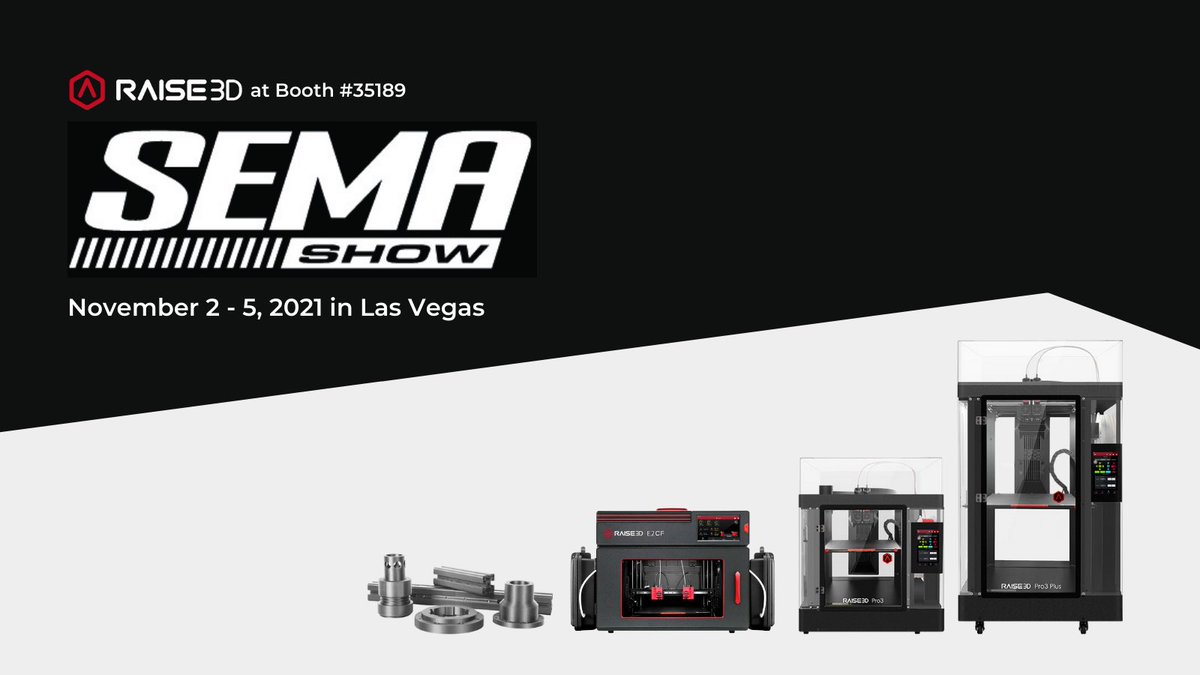 Raise3D's tweet photo. 🔺We are attending @SEMASHOW 2021 in Las Vegas this upcoming November 2-5 🔺

Visit us at Booth #35189 to see all the Raise3D printers in action. 
Want to register to attend? Click here: https://t.co/vLs5G41bEg

#raise3D #SEMA2021 #3dprinting #3dprinter #raise3dpro3 #raise3de2cf https://t.co/Evdj1yPxrs