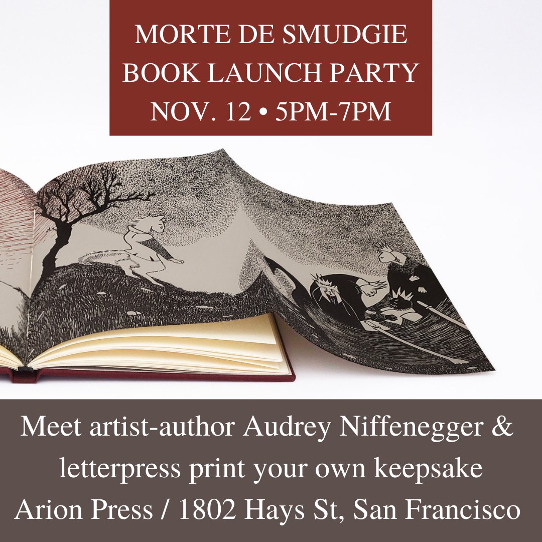 Announcing the “Morte de Smudgie” Book Launch Party on November 12th at Arion Press. Celebrate this epic piece of work with a lively event featuring a discussion with #AudreyNiffenegger and an exclusive video interview with #MargaretAtwood. ⁠
⁠
RSVP: eventbrite.com/e/morte-de-smu…
⁠