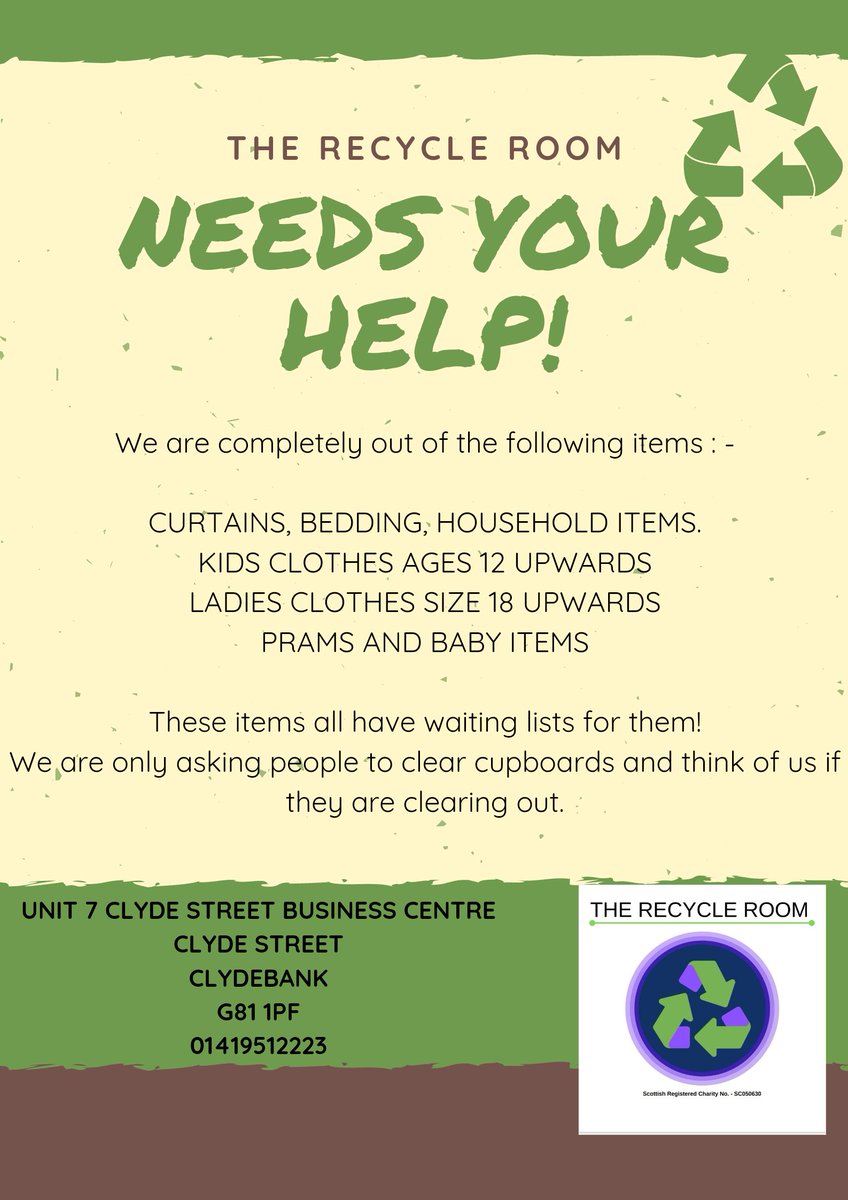 TheRecycleRoom2's tweet photo. We don't normally ask...but we have handed out over 300 jackets, 120 pairs of curtains, 200 sets of bedding in the past few weeks! 
@clydebankpost @RadioClydeNews @ClydesiderMag @LawryONeill @MartinJDocherty @WDCouncil @MarieAMcNair @BBCRadioScot https://t.co/84ikxvpaPi