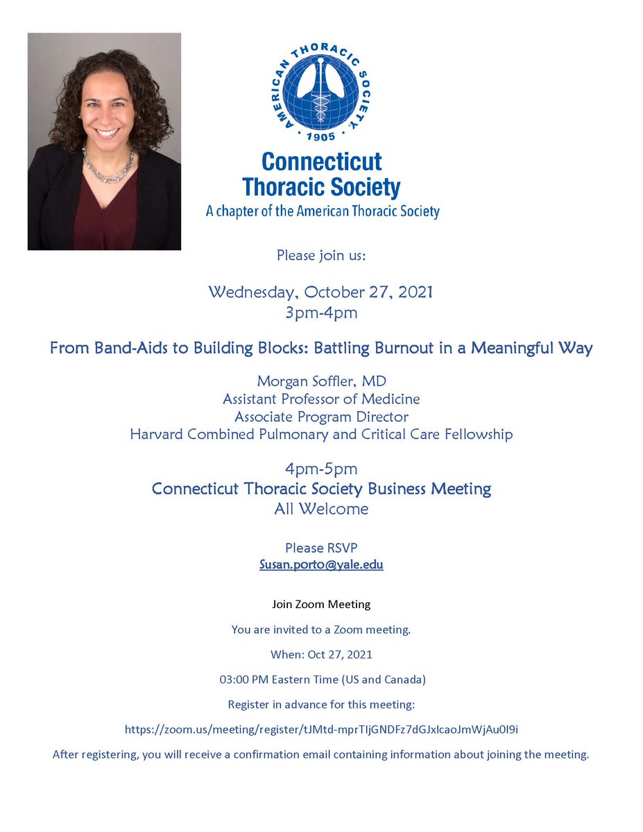 Join us for the CTS lecture tomorrow at 3pm with Dr Morgan Soffler <a href="/BIDMChealth/">BIDMC</a> speaking on Band-Aids to Building Blocks: Battling Burnout in a Meaningful Way <a href="/atscommunity/">American Thoracic Society (ATS)</a> <a href="/YalePCCSM/">Yale PCCSM</a> <a href="/amyahasic/">Amy Ahasic MD</a> <a href="/YaleIMed/">Yale Internal Medicine</a> <a href="/PccsmYale/">Yale PCCSM Fellows</a> <a href="/KaminskiMed/">Naftali Kaminski</a> @cdambrosio2 #burnout #WomenInPulmonary #CHESTWomen
